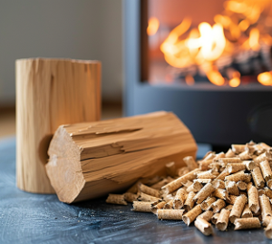 Eine Nahaufnahme von Brennholzscheiten und Holzpellets auf einer Fläche, mit einem brennenden Kamin im unscharfen Hintergrund.